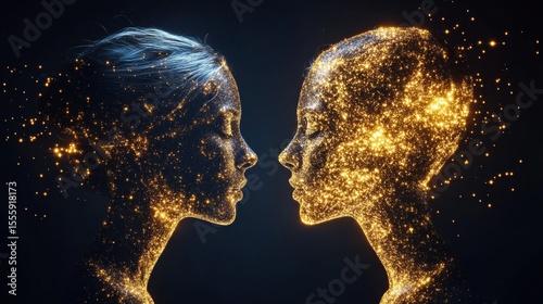 futuristic image of two human specimens looking at each other. They are made of fire and flesh