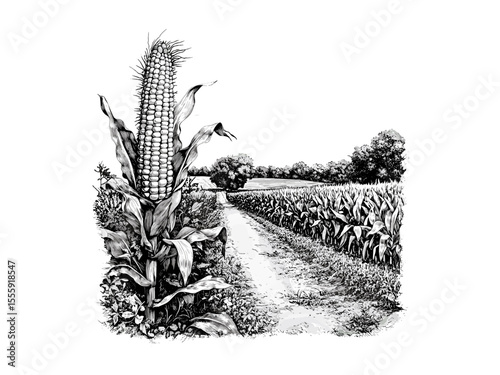Autumn cornfield harvest engraving, vintage rural farm scene, black line sketch, retro hand-drawn seasonal design, trendy fall nature illustration, old-fashioned countryside print