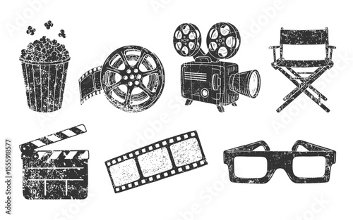 Movie and cinema icons set grunge style vector illustrations of film equipment.