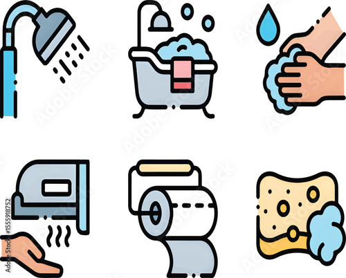 Hygiene Routine Icon Set for Cleanliness, Health, and Personal Care Designs

