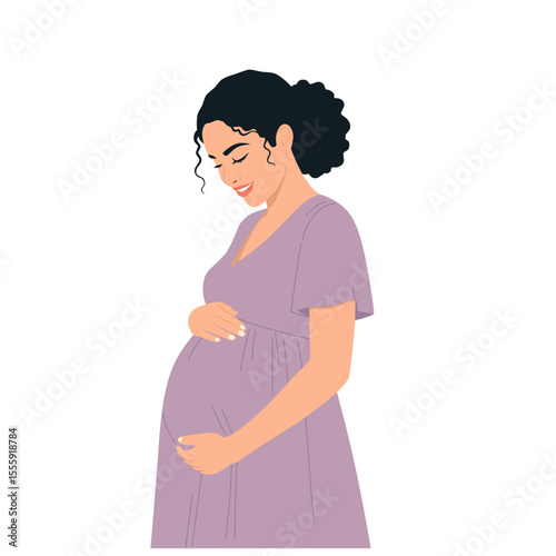Beautiful pregnant black woman hugging her belly, concept of pregnancy and motherhood, vector illustration for doula, obstetrics, doctor. Modern landing page in flat cartoon design.