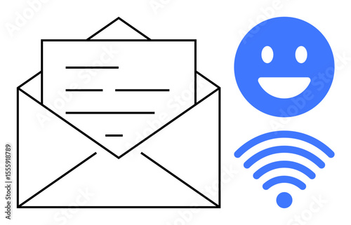 Open envelope with letter, smiling face, and wireless signal icon highlighting communication, connectivity, and positivity. Ideal for email, networking, online services, telecom messaging remote