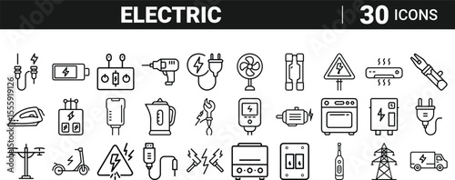 Set of 30 outline icons related to electric, line icon bundle on transparent background