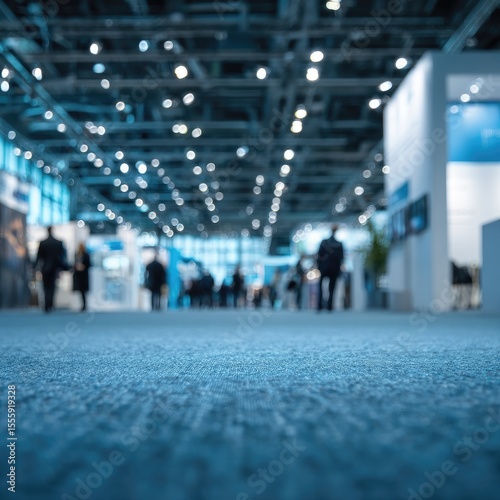 Blurred view of a bustling trade show floor, showcasing numerous booths and attendees, with a focus on the textured carpet