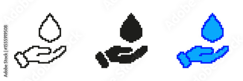 Hand Holding Water Droplet Icon Set In Pixel Art. Pixelated Symbol of Water Conservation. Isolated Vector Illustration