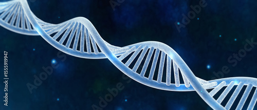 3D visualization of DNA double helix structure on a dark blue cosmic background. Concept of genetics, biotechnology, molecular science and futuristic medicine.