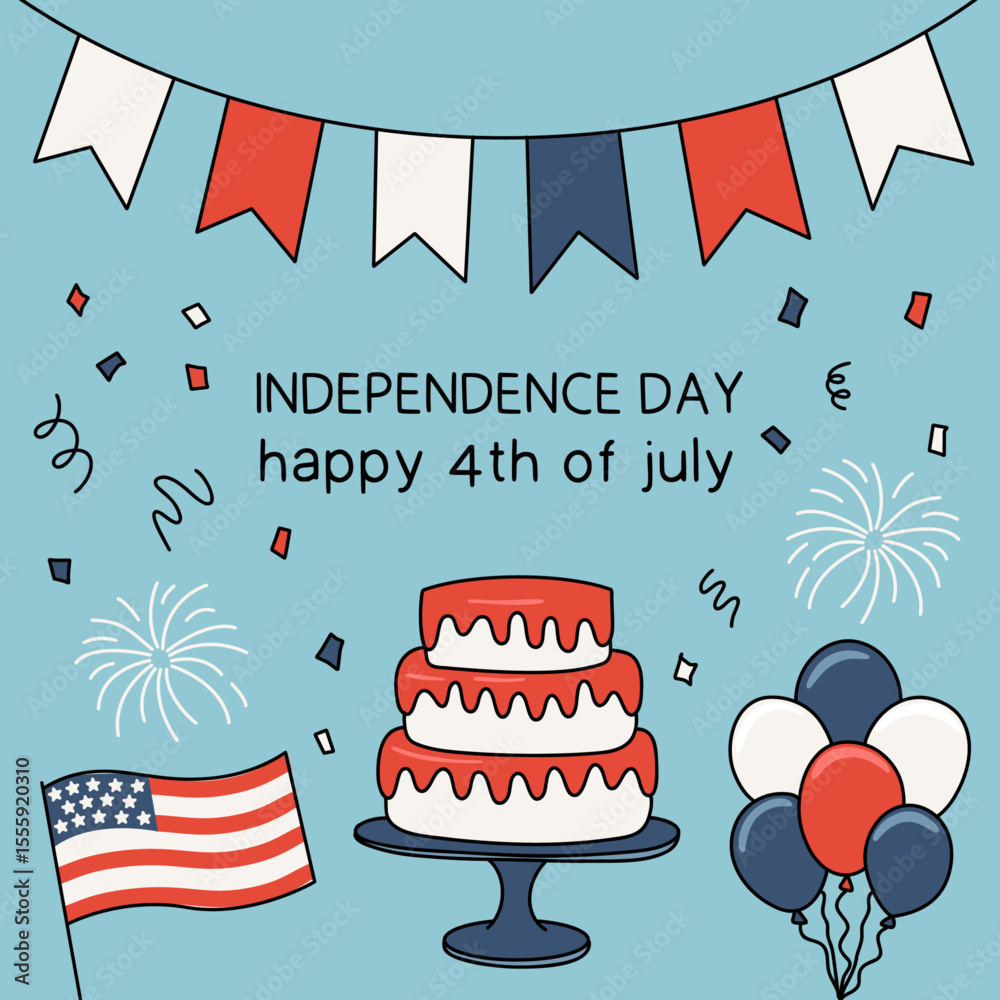 Independence Day Icon Set. Holiday Background with American Flag, Cake, Balloons, Fireworks and Confetti