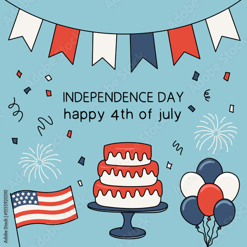 Independence Day Icon Set. Holiday Background with American Flag, Cake, Balloons, Fireworks and Confetti