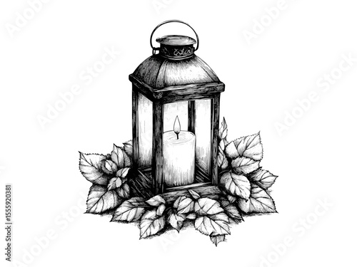 Vintage autumn lantern candle engraving, cozy fall decor, black sketch hand-drawn seasonal illustration, rustic old engraving style, pumpkin patch art, country autumn design, Halloween