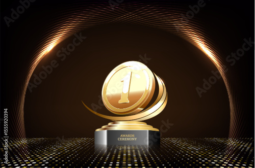 Top 1 best podium award sign, golden object. Vector illustration