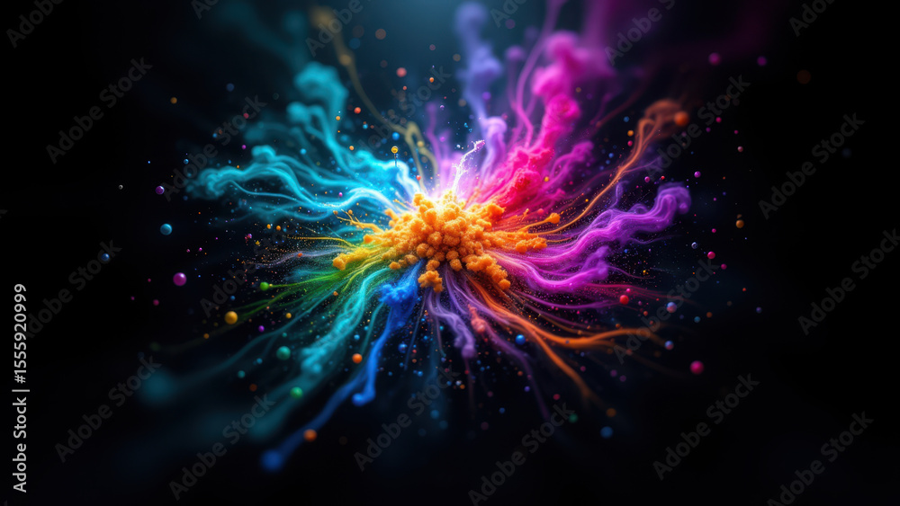 Fototapeta premium Prismatic dust explosion. Vibrant, colorful particles burst outwards in a mesmerizing display. Abstract, swirling, energy, fractal.