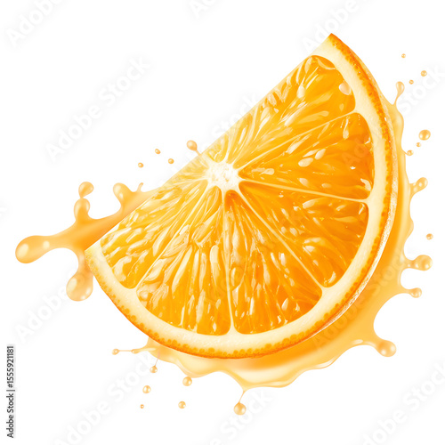 Fresh ripe slice of orange fruit with juice splash, isolated illustration on transparent background. Healthy food and tropical fruit drink, splashing fruit beverage liquid. PNG, cutout. © Abdelati