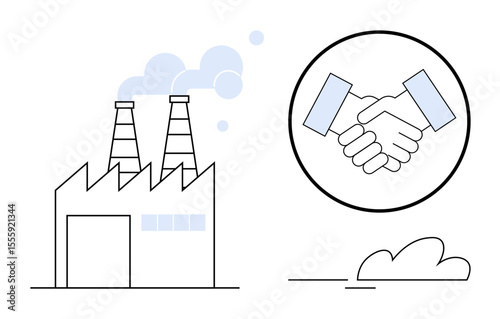 Factory with twin chimneys producing smoke, paired with a handshake in a circle. Ideal for business partnerships, industrial deals, manufacturing growth, environmental cooperation, collaboration