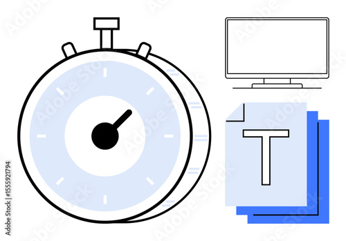Stopwatch represents timing, stack of documents suggests tasks, monitor implies digital workspace. Ideal for productivity, time tracking, work organization, task management, remote work, efficiency