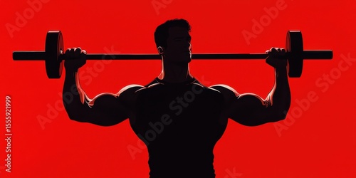 Strong male figure lifting a barbell against a bold red background during a fitness training session focused on strength and muscle building