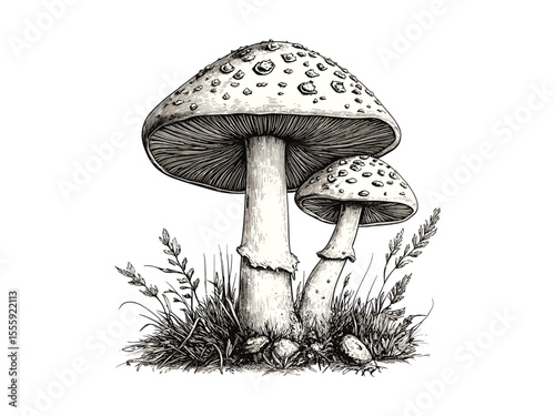Autumn mushroom engraving, vintage forest seasonal print, hand-drawn toadstool sketch in black ink, retro antique nature decor, fall foliage art, rustic woodland illustration