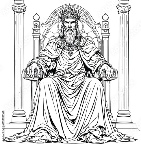 Black-and-White Vector Illustration of a Seated Monarch – Bearded King on Ornate Throne with Crown and Columns