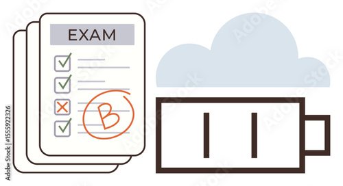 Exam sheet marked with a B grade next to a low battery icon under a cloud. Ideal for education, stress, mental fatigue, energy loss, performance pressure, academic results, self-assessment. A simple