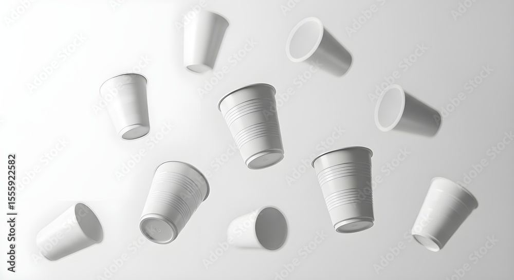Fototapeta premium Floating White Disposable Cups Clean Minimalist Product Photography