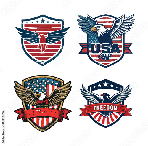 Vintage American Independence Day Logo Set Classic USA Patriotic Badges in Vector.