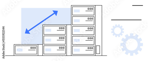 Server stacks with growth arrow and gears highlighting scaling, technology, progress, optimization, innovation, efficiency, and digital transformation. Ideal for IT data and tech. Simple flat