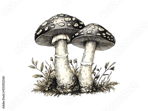 Hand-drawn vintage mushroom engraving, autumn toadstool sketch in black ink, retro forest seasonal print, antique nature decor, trendy rustic fall illustration, woodland art