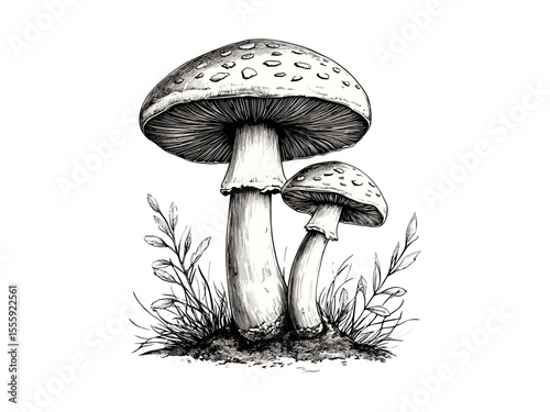 Vintage autumn toadstool sketch, black ink mushroom engraving, seasonal forest print, retro antique nature decor, hand-drawn fall illustration, rustic woodland artwork