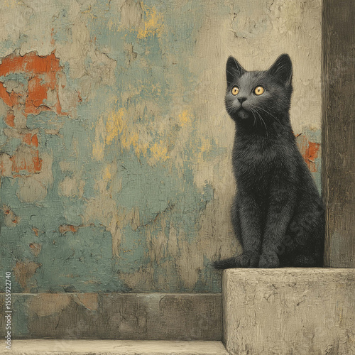 Curious Black Cat Staring Intently, Eyes Wide with Wonder and an Adorable Expression