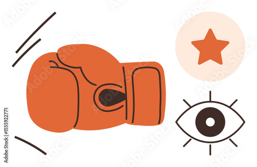 Boxing glove in motion, an eye implying focus, and a star symbolizing success. Ideal for sports, motivation, determination, strategy, training competition achievement. Simple flat metaphor