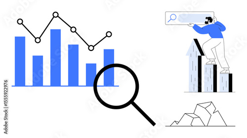 Bar chart with line graph, magnifying glass, person searching atop arrows, fragmented ground. Ideal for data analysis, growth strategy, research, problem-solving, trends business progress simple