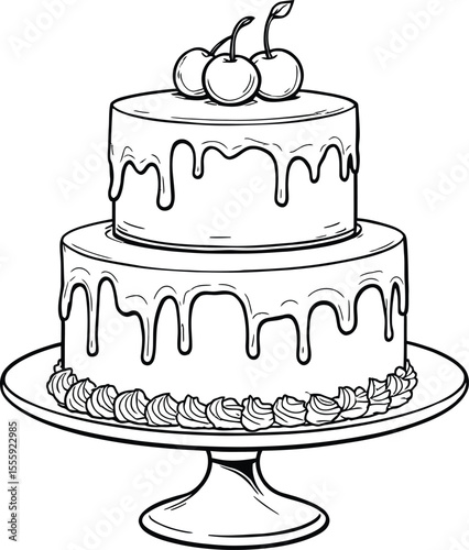 Black-and-White Vector Illustration of a Two-Tiered Drip Cake – Cherry-Topped Dessert on Pedestal Stand