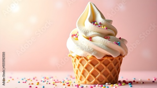 Decadent Creamy Frozen Custard Scoop in Crispy Golden Waffle Cone with Colorful Sprinkles on Soft Pastel Background
