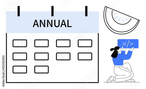 Annual calendar layout paired with coding icon, decorative semicircle motif, kneeling figure with code screen. Ideal for event planning, code tutorials, scheduling, tech concepts, education, creative