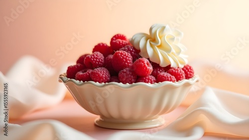 Ivory Bowl of Plump Raspberries with Smooth Cream Against Soft Pastel Background in Morning Light for National Frozen Custard Day
