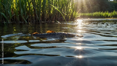 Lively Freshwater Scene with Sleek Catfish Swimming Near Riverbanks and Sunlit Water 