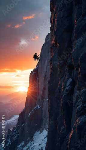 Silhouetted climber ascends jagged cliff at sunset in a dramatic wide shot.

