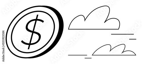 Coin with dollar sign appears to move swiftly through stylized clouds, symbolizing financial growth, success, and speed. Ideal for investment, commerce, fintech, banking, startups innovation simple