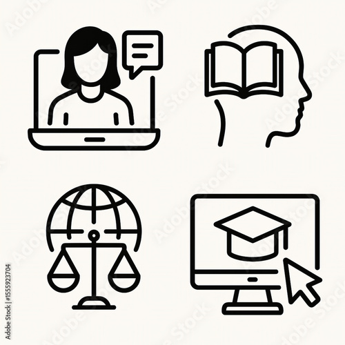Set of Four Black Line Icons Depicting Online Learning, Educational Psychology, Global Justice, and Digital Graduation Cap on Computer Screen