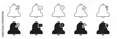 Notification Bell Icon Set. Alert, Message, Reminder, Sleep, And Interaction Symbols Collection. Communication And User Engagement Indicators. Isolated Vector Illustration