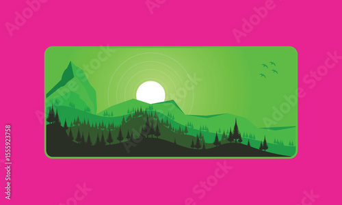 Mouse pad Design. Green Landscape Silhouette with Sunset and Mountains