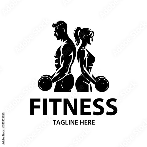 Fitness vector logo for Gym, Man and Woman Lifting Dumbbells Black Silhouette.