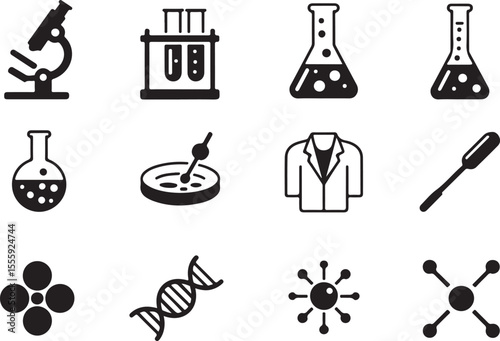 Science Icons Microscope, Lab Equipment, Experiments, DNA, Molecules
