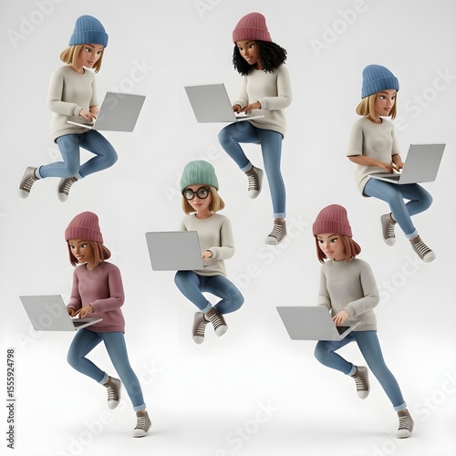Adorable Cartoon Girls Working on Laptops Digital Art Illustration