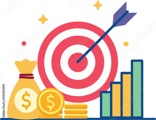 Business success with money growth and target achievement silhouette isolated on transparent background