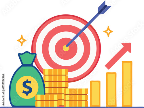 Financial success and growth represented by money bag coins target and upward graph silhouette isolated on transparent background