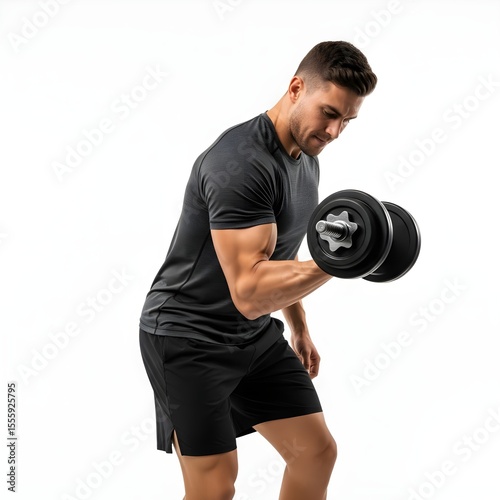 Muscular Man Performing Bicep Curl Exercise with Dumbbell