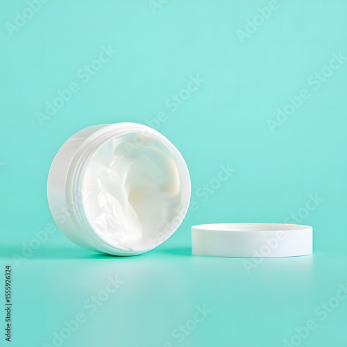 White Cream Jar, Teal Background, Minimalist Product Photography, Skincare, Beauty, Cosmetics