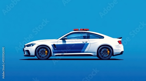 Police vehicle design showcases a sleek white sports car with blue accents and emergency lights under a clear blue sky