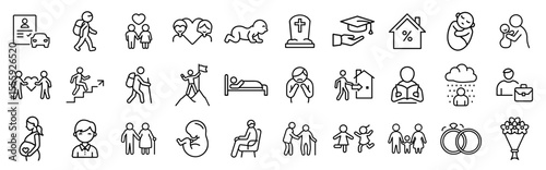 Life journey stages birth death family career growth vector line icons set