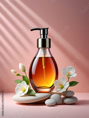 Amber aromatherapy oil bottle with pump dispenser, nestled on smooth stones and delicate jasmine blossoms, soft pink background.